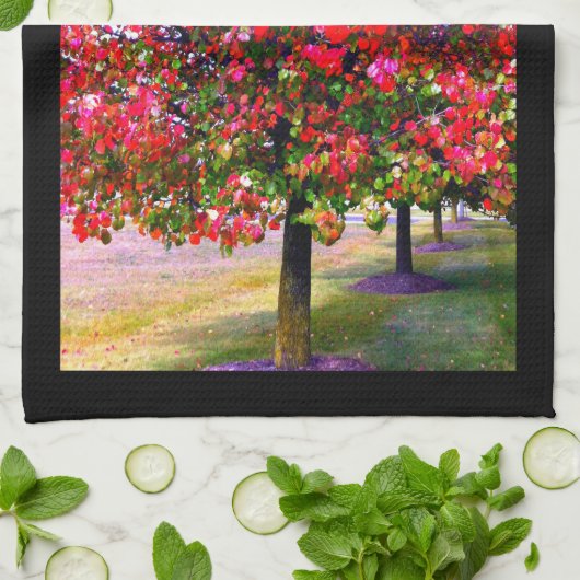 Herfstbomen roze rood blad impressionistische bome theedoek (Gevouwen)