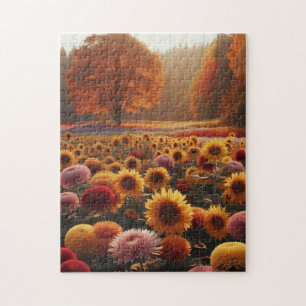 Herfstbomen/veld met chrysanten legpuzzel