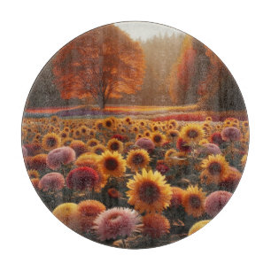 Herfstbomen/veld met chrysanten snijplank