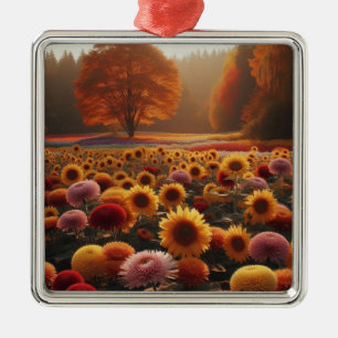 Herfstbomen/veld met mama's metalen ornament