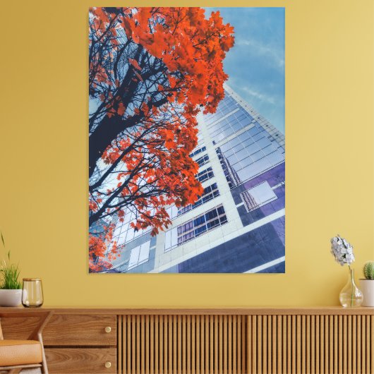 Herfstboom en modern gebouw canvas afdruk (Insitu (Woonkamer))