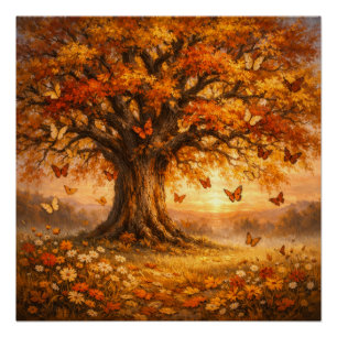 Herfstboom met vlinders bij zonsopgang perfect poster