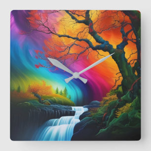 Herfstboom, Watervallen met regenbooghemel Vierkante Klok