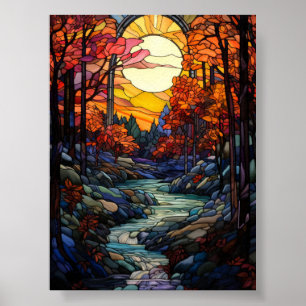Herfstbos glas-in-lood met bergstroom poster