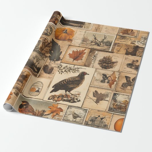  herfstcollagepatroon | Rustic Ephemera Cadeaupapier (Uitgerold)