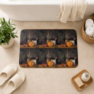 Herfstdecoraties op tafel, pompoen, fruit, drank badmat