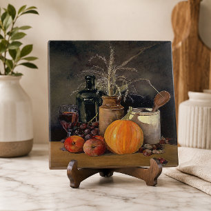 Herfstdecoraties op tafel, pompoen, fruit, drank tegeltje