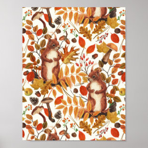 Herfsteekhoorns en herfstflora op lichtgrijs poster