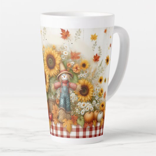 Herfstgebladerte en vogelverschrikker met zonneblo latte mok (Rechterhoek)
