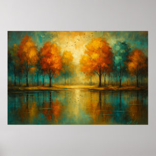 Herfstglans: Teal Reflecties en Gulden Licht Poster
