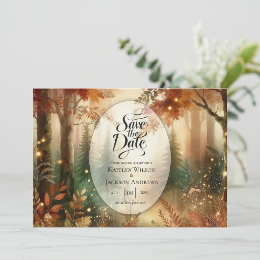 Herfstgloed in het betoverde bos bruiloft save the date (Staand voorkant)