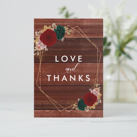 herfstgoud bordeauxrood emarald greeny bruiloft bedankkaart (Staand voorkant)