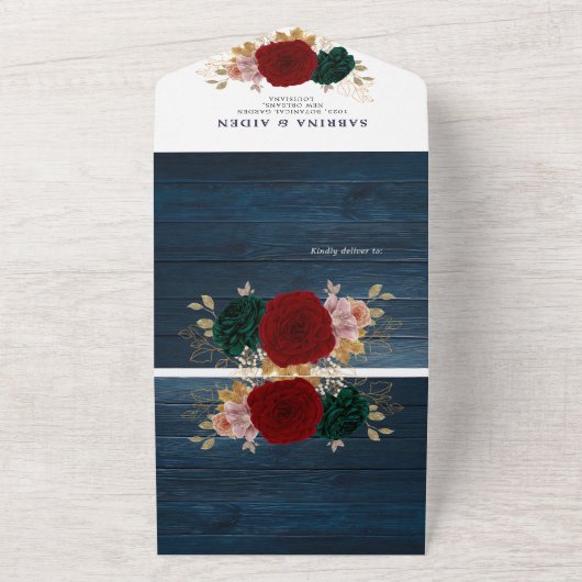 herfstgoud | Navy Houten Smaragd Greeny All In One Uitnodiging (Buitenkant)