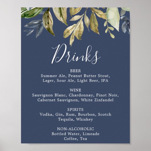 Herfstgroen | Bruiloftsdrankjes Menu Bord in Navy Poster (Voorkant)