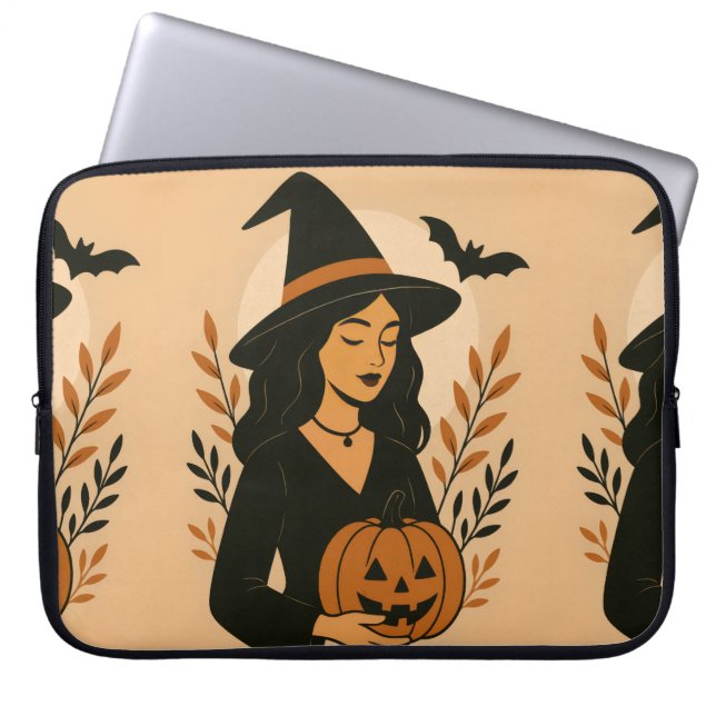 Herfstheks met pompoen |  Halloween Laptop Sleeve (Voorkant)
