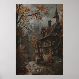 Herfsthuisje-kunstprint, rustieke herfstmuurdecora poster