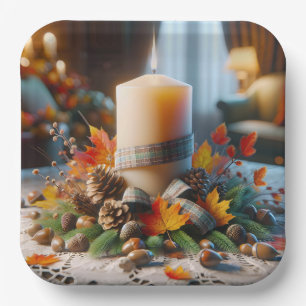 Herfstkaars met eikels en lint papieren bordje