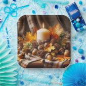 Herfstkaars met eikels en lint papieren bordje (Feest)