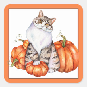 Herfstkat en pompoenen vierkante sticker