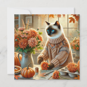 Herfstkat met bloemen - Herfst Seizoen Groet Feestdagenkaart