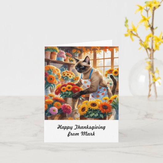 Herfstkat met bloemen Herfst Seizoen Thanksgiving Kaart (Gele Bloem)