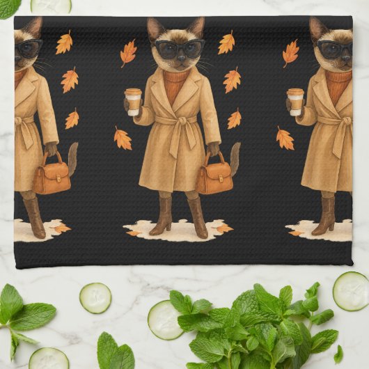 Herfstkat met koffie voor Thanksgiving Theedoek (Gevouwen)