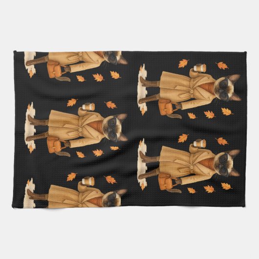 Herfstkat met koffie voor Thanksgiving Theedoek (Horizontaal)