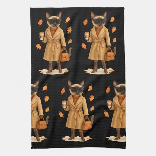 Herfstkat met koffie voor Thanksgiving Theedoek (Verticaal)