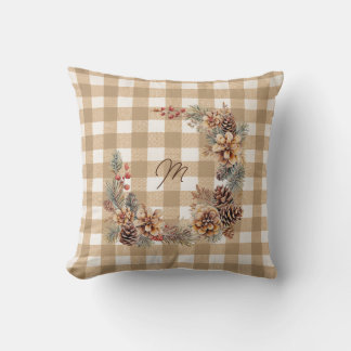 Herfstkrans Bruine Gingham Monogram Kussen