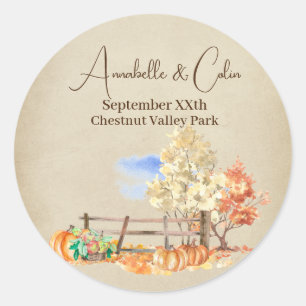 Herfstlandschap met bomen en pompoenen perkament ronde sticker