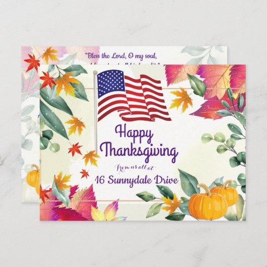 Herfstloof en Amerikaanse vlag Kerstmis Thanksgivi Feestdagenkaart (Voorkant / Achterkant)