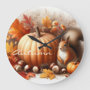 Herfstloof, kastanjes, pompoenen en een eekhoorn grote klok