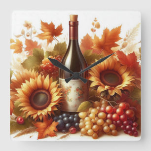 Herfstloof, zonnebloemen, druiven en wijn vierkante klok