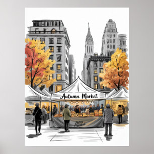 Herfstmarkt Straatscène in NYC met Herfstbomen Poster
