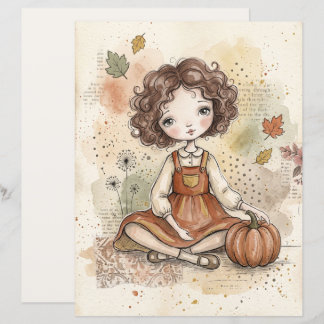 Herfstmeisje met pompoen kunstpapier | Houtland in