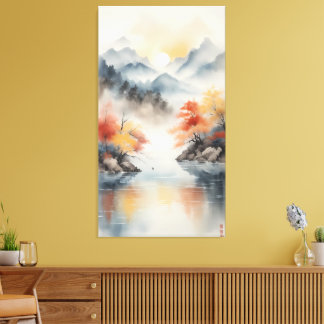Herfstnevel over het bergmeer canvas afdruk