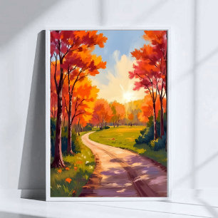 Herfstpad   Rode Bladeren Natuur Landschap Poster