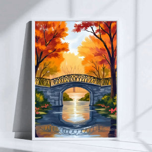 Herfstparkbrug Waterverf van herfstloof Poster