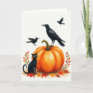 Herfstpompoen en donkere vogelkaart kaart