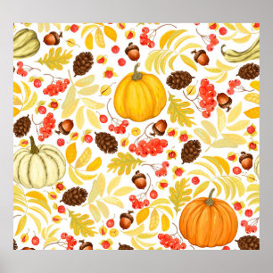 Herfstpompoenen, eikels, achtergrond. poster