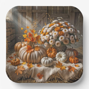 Herfstpompoenen en Mums in een Schuur Papieren Bordje