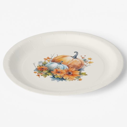 Herfstpompoenen met bloemen en bladeren papieren bordje (Gekanteld)
