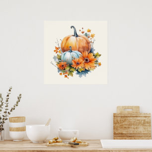Herfstpompoenen met bloemen en bladeren poster