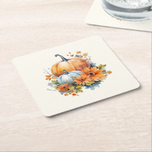 Herfstpompoenen met bloemen en bladeren vierkante kartonnen onderzetter