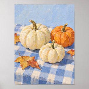 Herfstpompoenen op blauwe geruite tafelkleed poster