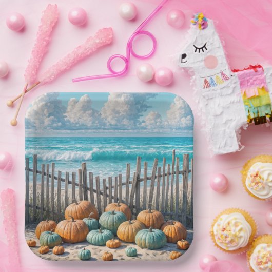 Herfstpompoenen op het strand papieren bordje (Feest)