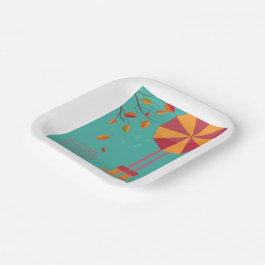 Herfstregenlaarzen en paraplu herfstbladeren papieren bordje (Gebogen)