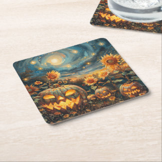 Herfstscène met Jack-o'-lantaarns en zonnebloemen Vierkante Kartonnen Onderzetter
