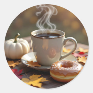 Herfstse zegeningen, warme koffie en een donut ronde sticker
