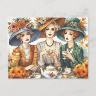 Herfstseizoen Retro Dames Thee Ansichtkaart Briefkaart